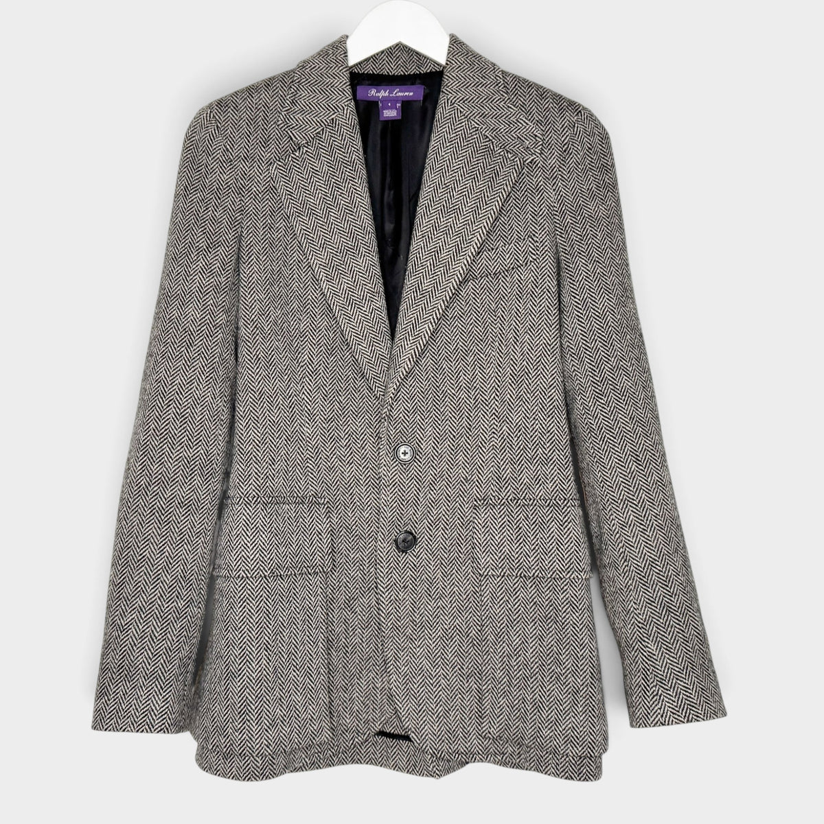 Studio61 Preloved Boutique Sydney Ralph Lauren Purple Label Preston herringbone wool tweed jacket with two buttons.