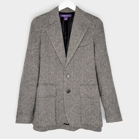 Studio61 Preloved Boutique Sydney Ralph Lauren Purple Label Preston herringbone wool tweed jacket with two buttons.
