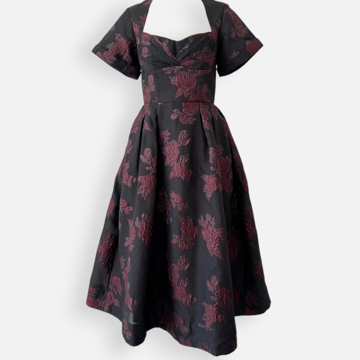 Rebecca Vallance Burgundy Floral Jacquard Florentina Midi Dress AU10 [NEW]