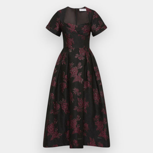Rebecca Vallance Burgundy Floral Jacquard Florentina Midi Dress AU10 [NEW]