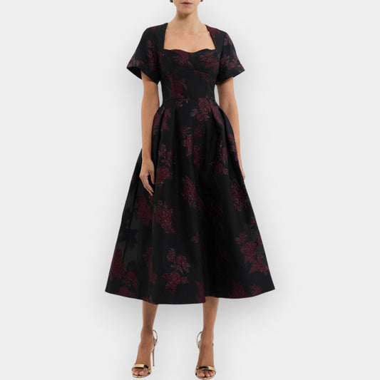 Rebecca Vallance Burgundy Floral Jacquard Florentina Midi Dress AU10 [NEW]