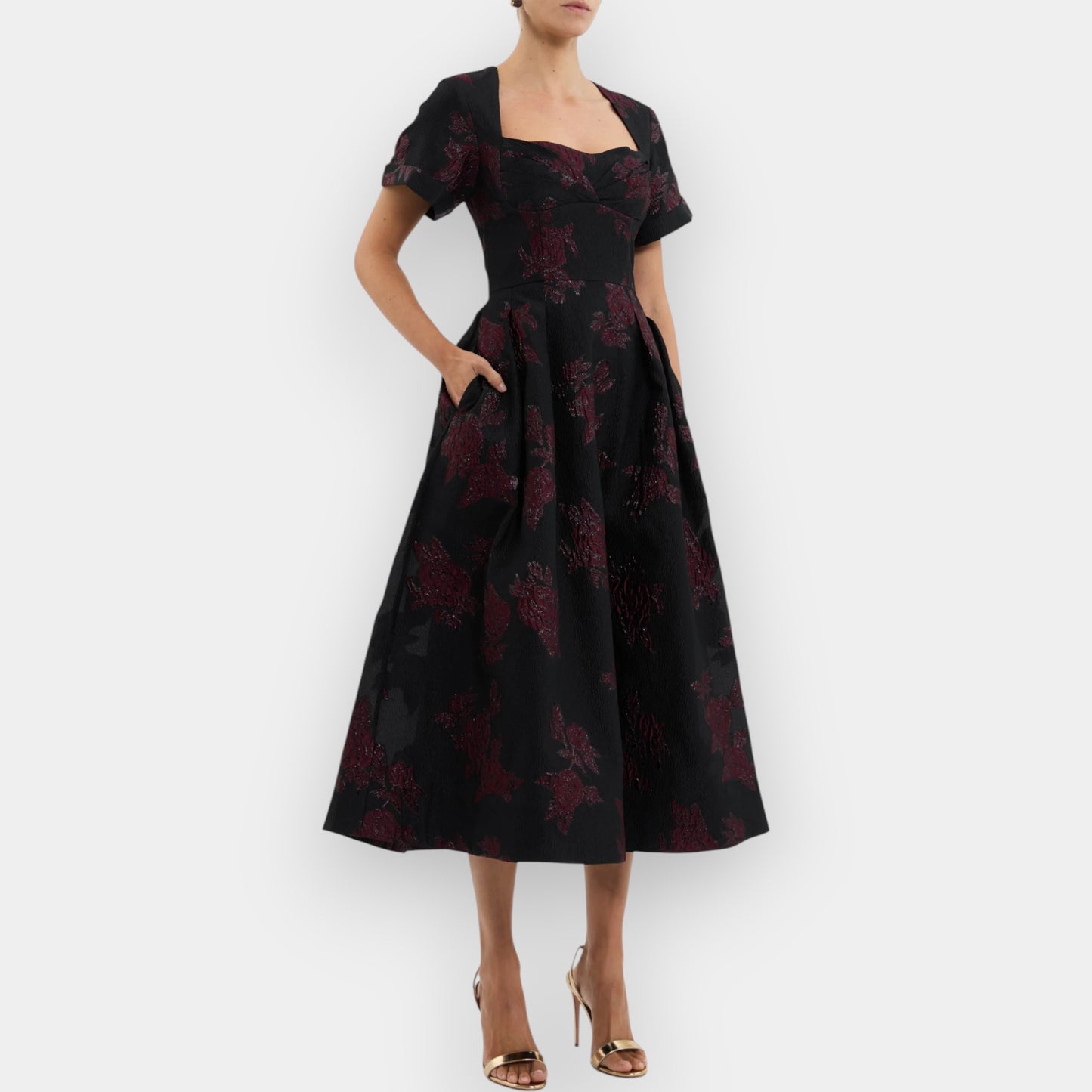 Rebecca Vallance Burgundy Floral Jacquard Florentina Midi Dress AU10 [NEW]