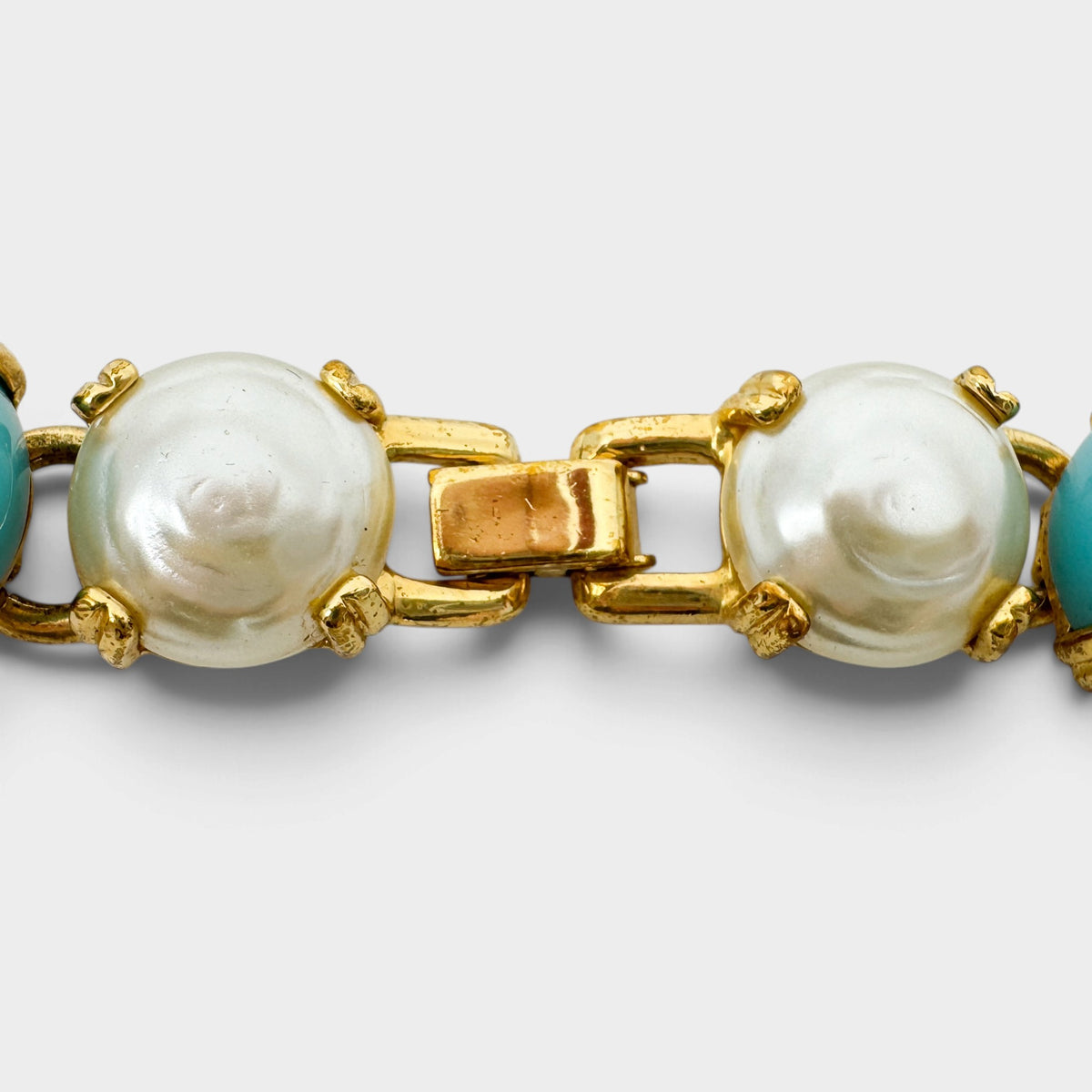 Replica Made in Italy Vintage Turquoise Cabochon Faux Pearl Gold Collar Necklace