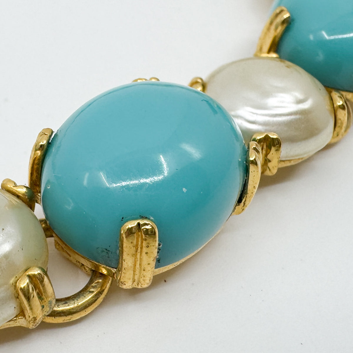 Replica Made in Italy Vintage Turquoise Cabochon Faux Pearl Gold Collar Necklace