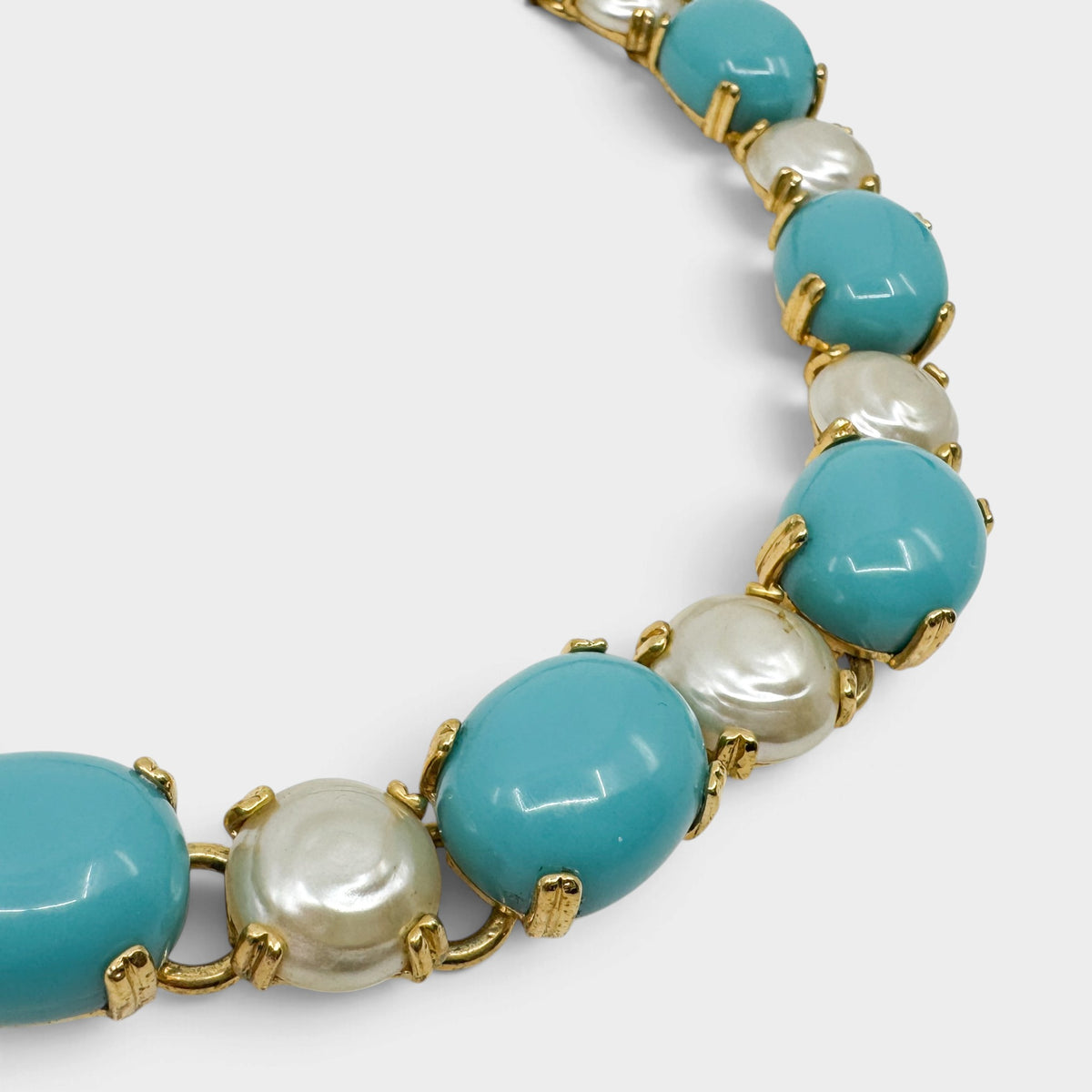Replica Made in Italy Vintage Turquoise Cabochon Faux Pearl Gold Collar Necklace