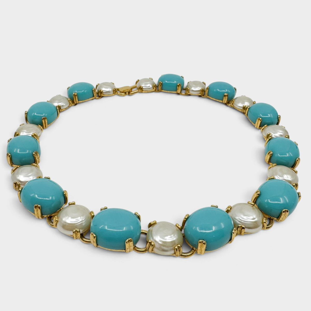 Replica Made in Italy Vintage Turquoise Cabochon Faux Pearl Gold Collar Necklace