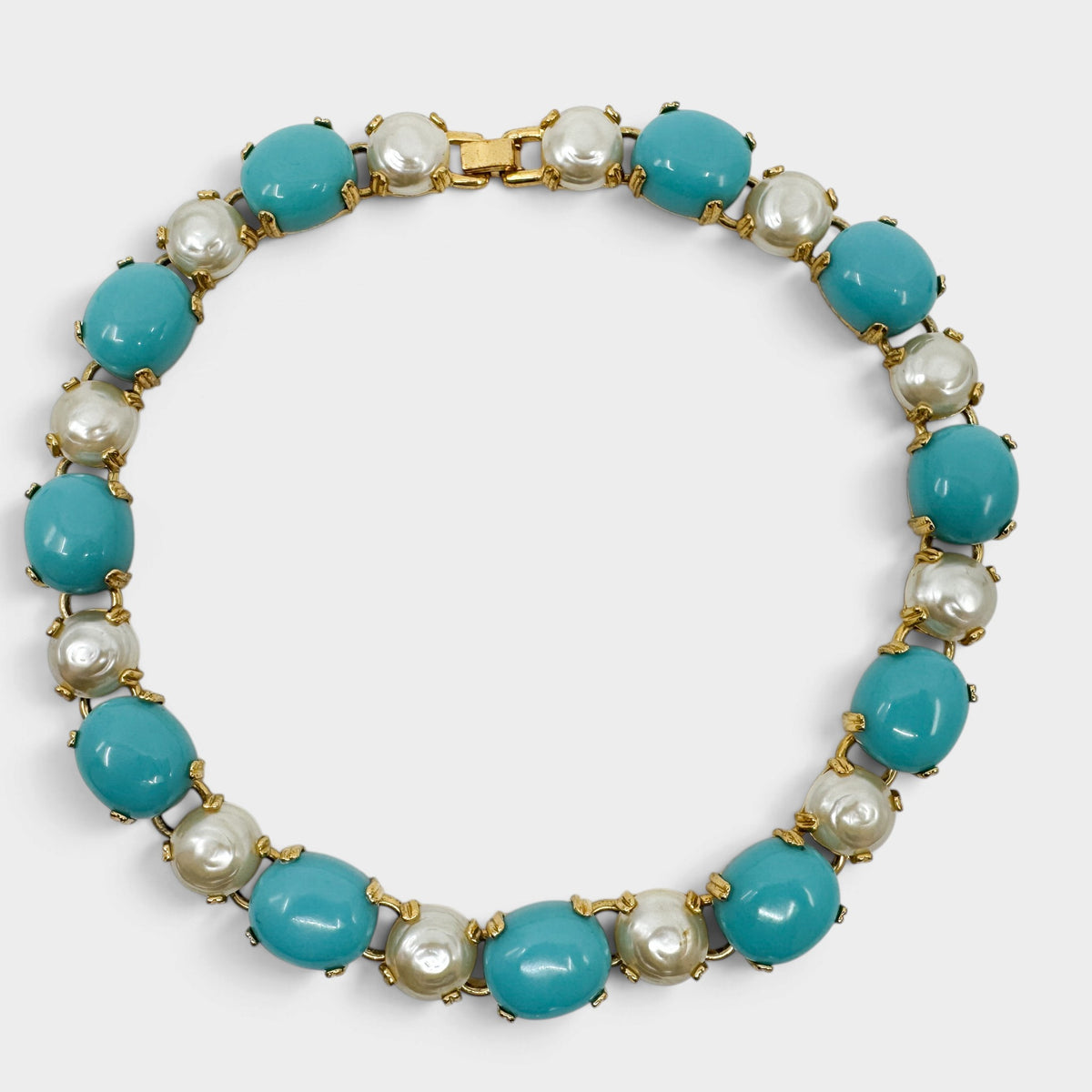 Replica Made in Italy Vintage Turquoise Cabochon Faux Pearl Gold Collar Necklace