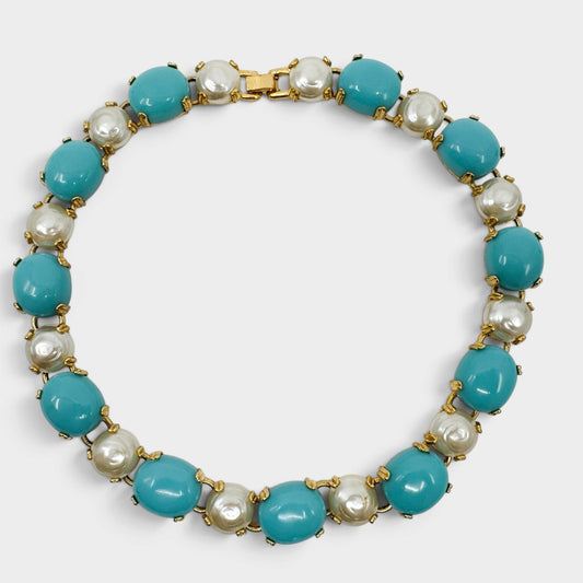 Replica Made in Italy Vintage Turquoise Cabochon Faux Pearl Gold Collar Necklace