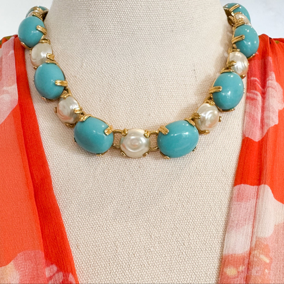 Replica Made in Italy Vintage Turquoise Cabochon Faux Pearl Gold Collar Necklace