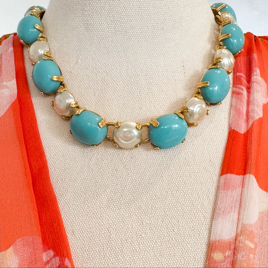 Replica Made in Italy Vintage Turquoise Cabochon Faux Pearl Gold Collar Necklace