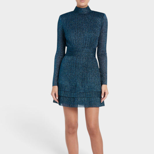 Rebecca Vallance Jagger Blue Metallic Plissé Mini Skater Dress AU10 ~ Medium