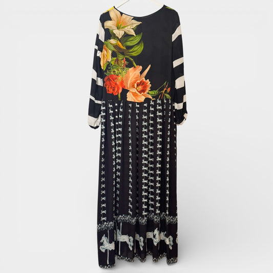 Romance Was Born Black Yellow Floral Patchwork Silk Dress AU14 [NEW]