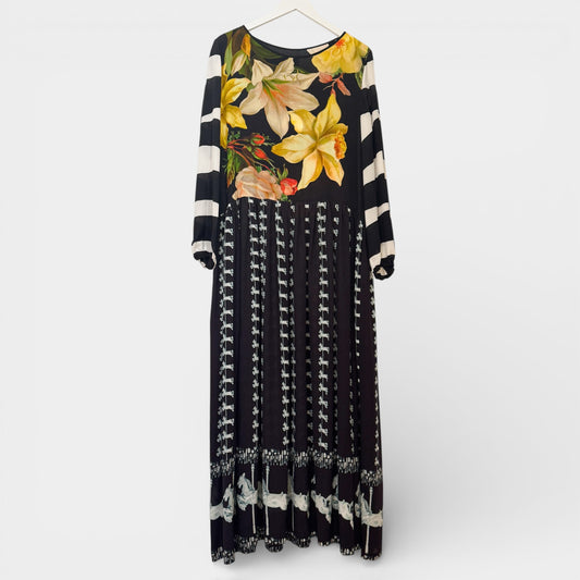 Romance Was Born Black Yellow Floral Patchwork Silk Dress AU14 [NEW]