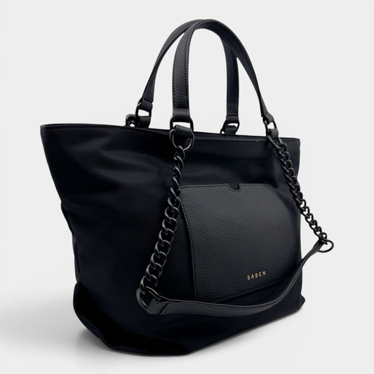 Saben Black Nylon Leather Trim Paris Tote Bag