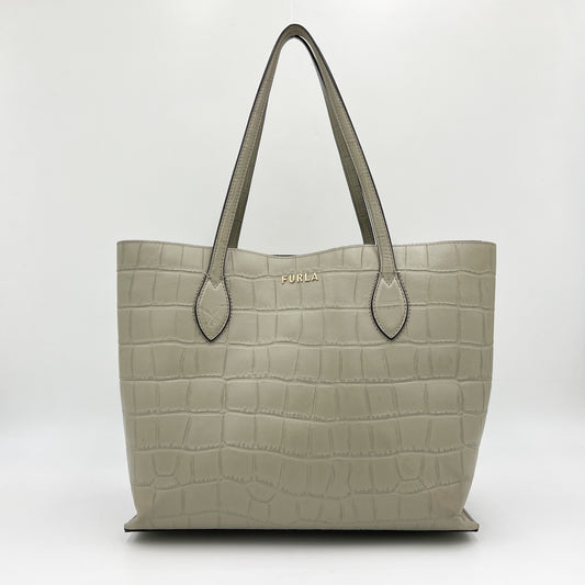 Furla Sage Green Croc Embossed Leather Tote Bag