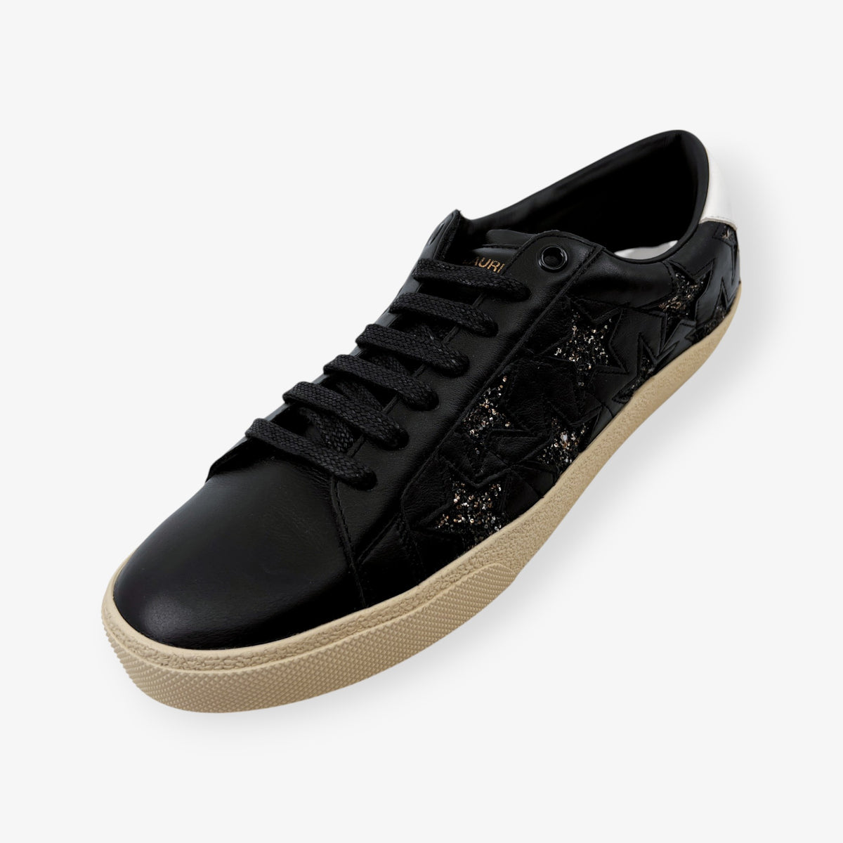 Saint Laurent Court Classic Black Leather Glitter Star Sneakers EU40 ~ AU9