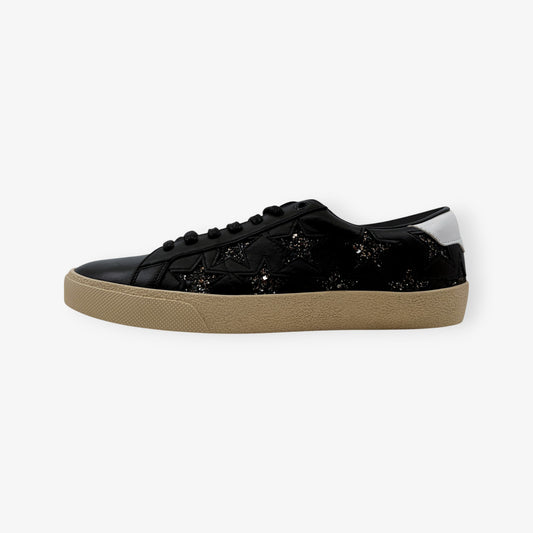 Saint Laurent Court Classic Black Leather Glitter Star Sneakers EU40 ~ AU9