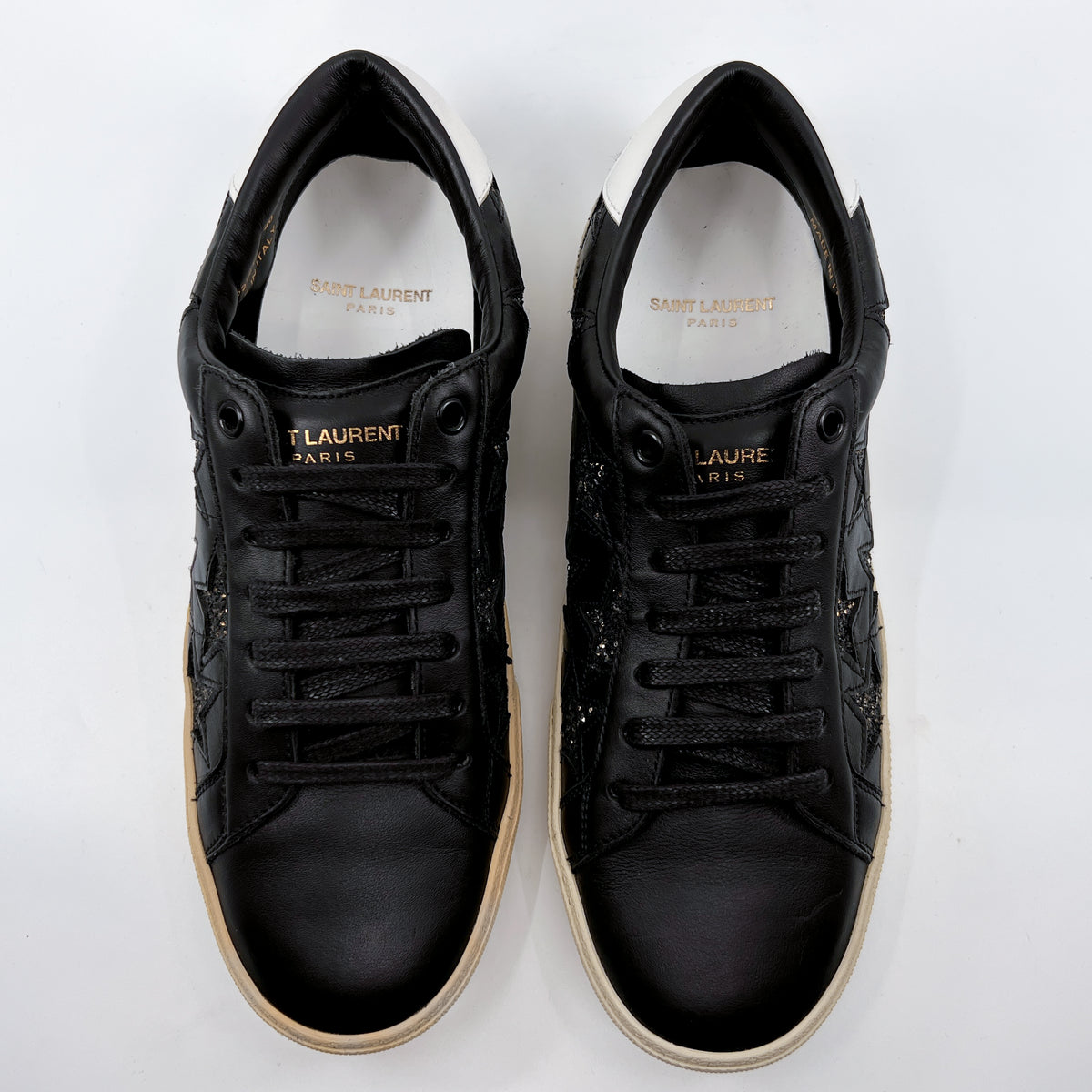 Saint Laurent Court Classic Black Leather Glitter Star Sneakers EU40 ~ AU9