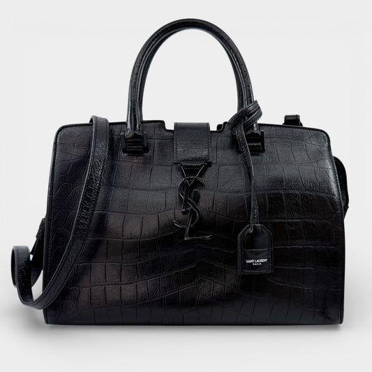 Saint Laurent Cabas Black Croc Embossed Leather Small Tote Bag