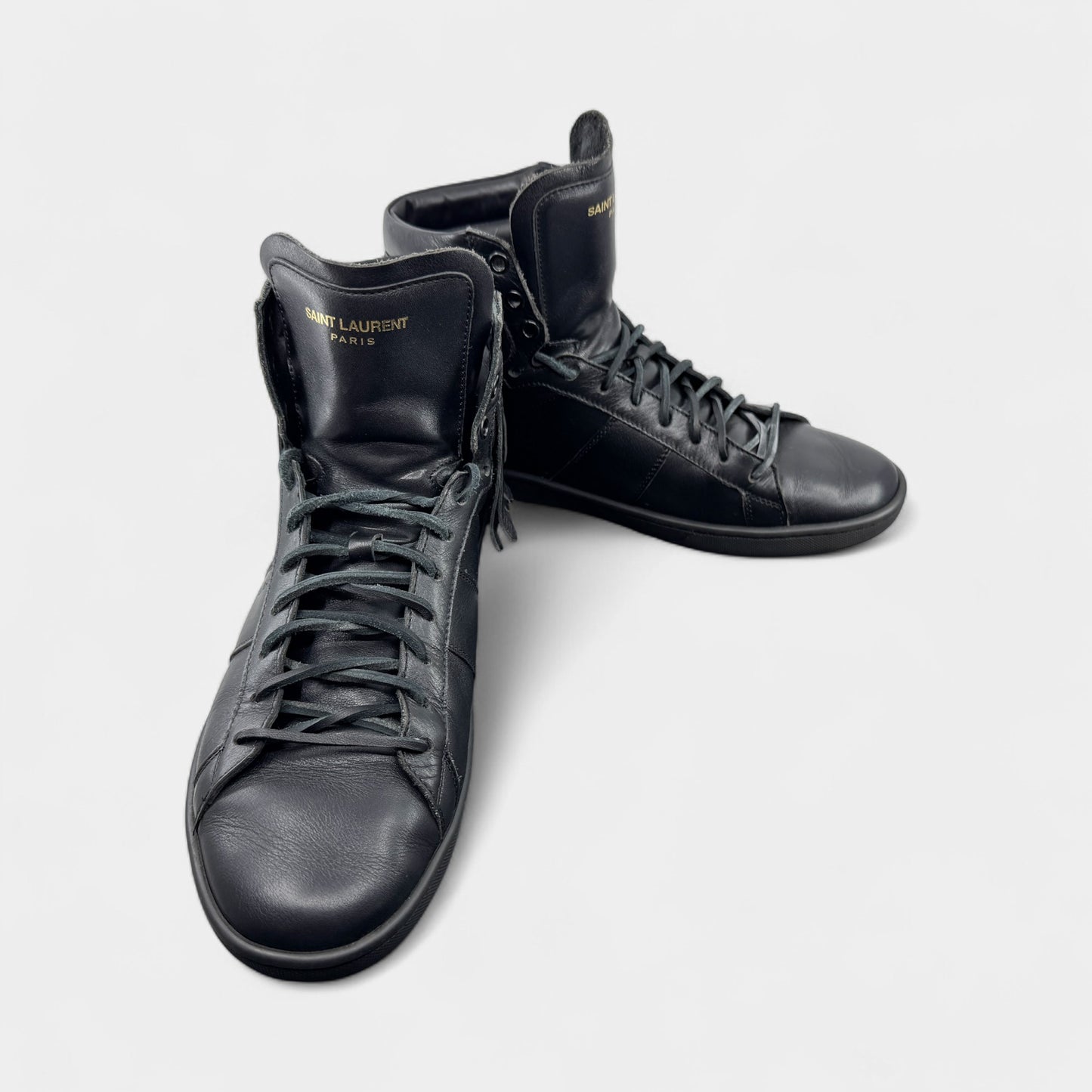 Saint Laurent Black Leather Fringed High Top Sneakers M8 ~ W10 ~ EU41