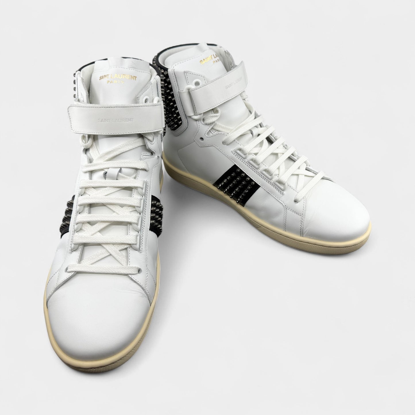 Saint Laurent White Leather Black Spike High Top Sneakers M8 ~ W10 ~ EU41