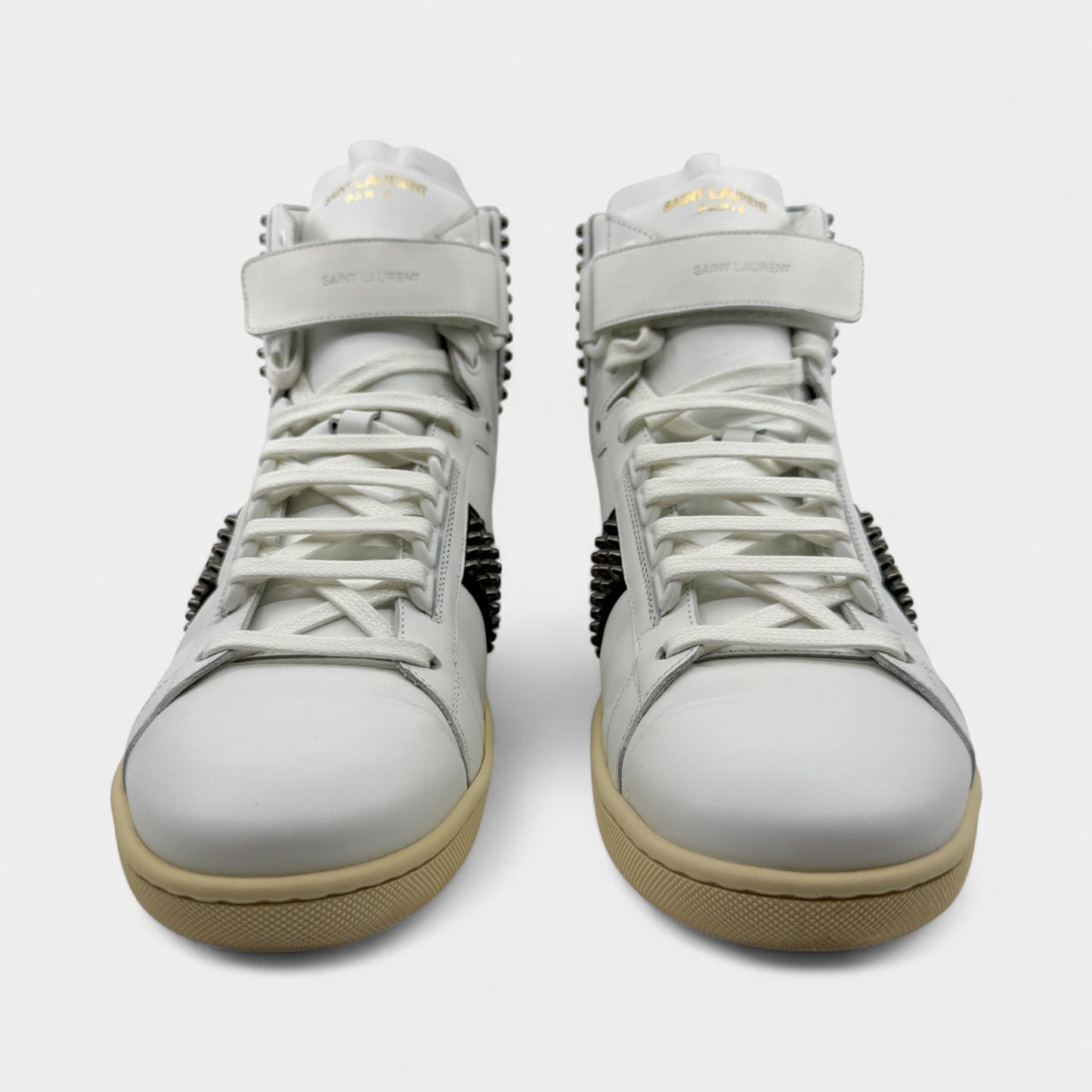 Saint Laurent White Leather Black Spike High Top Sneakers M8 ~ W10 ~ EU41