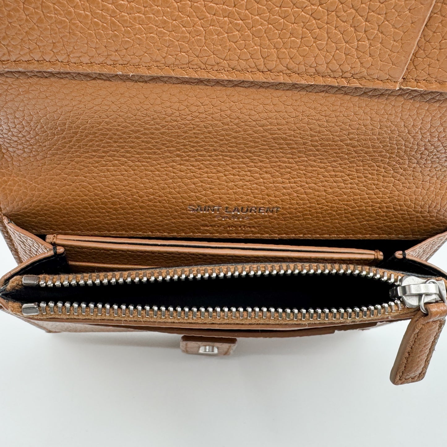 Saint Laurent Sac De Jour Tan Brown Pebbled Leather Wallet Purse