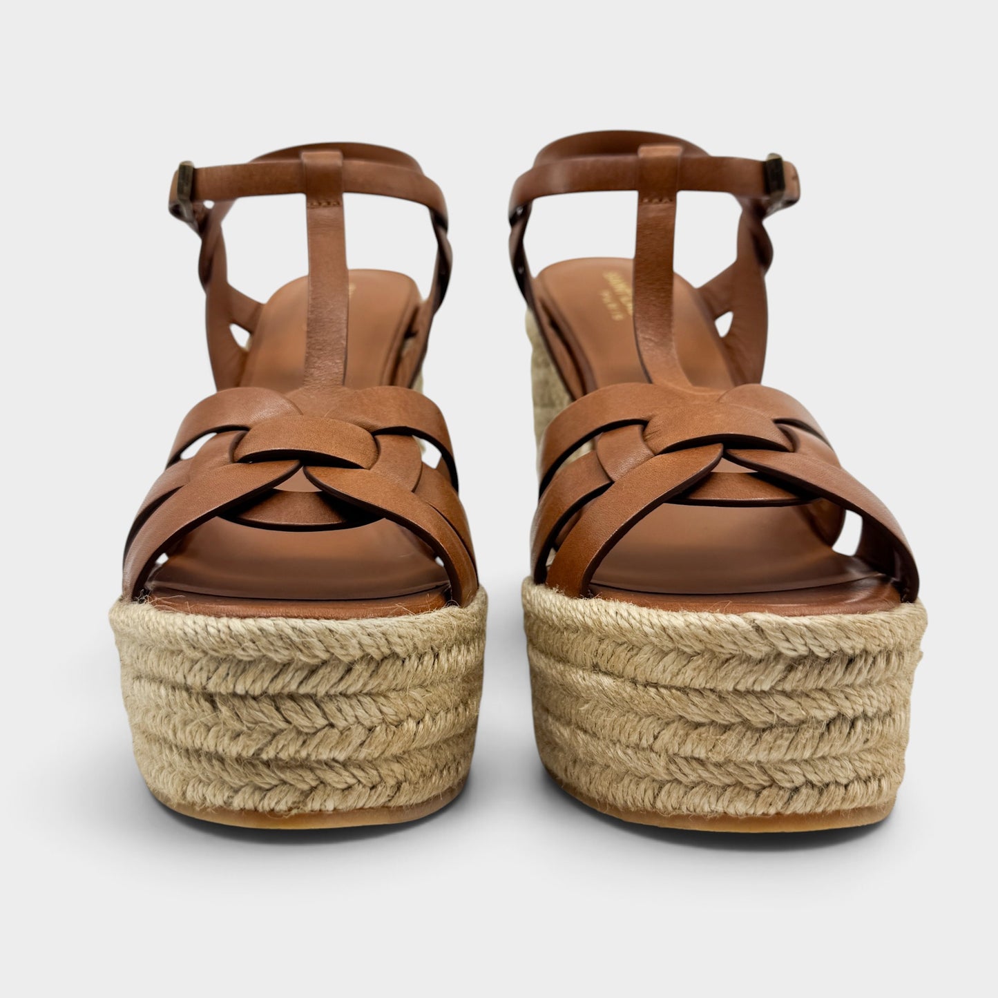 Saint Laurent Tribute Tan Brown Leather Wedge Espadrilles Sandals EU40.5 ~ AU9.5 [NEW]