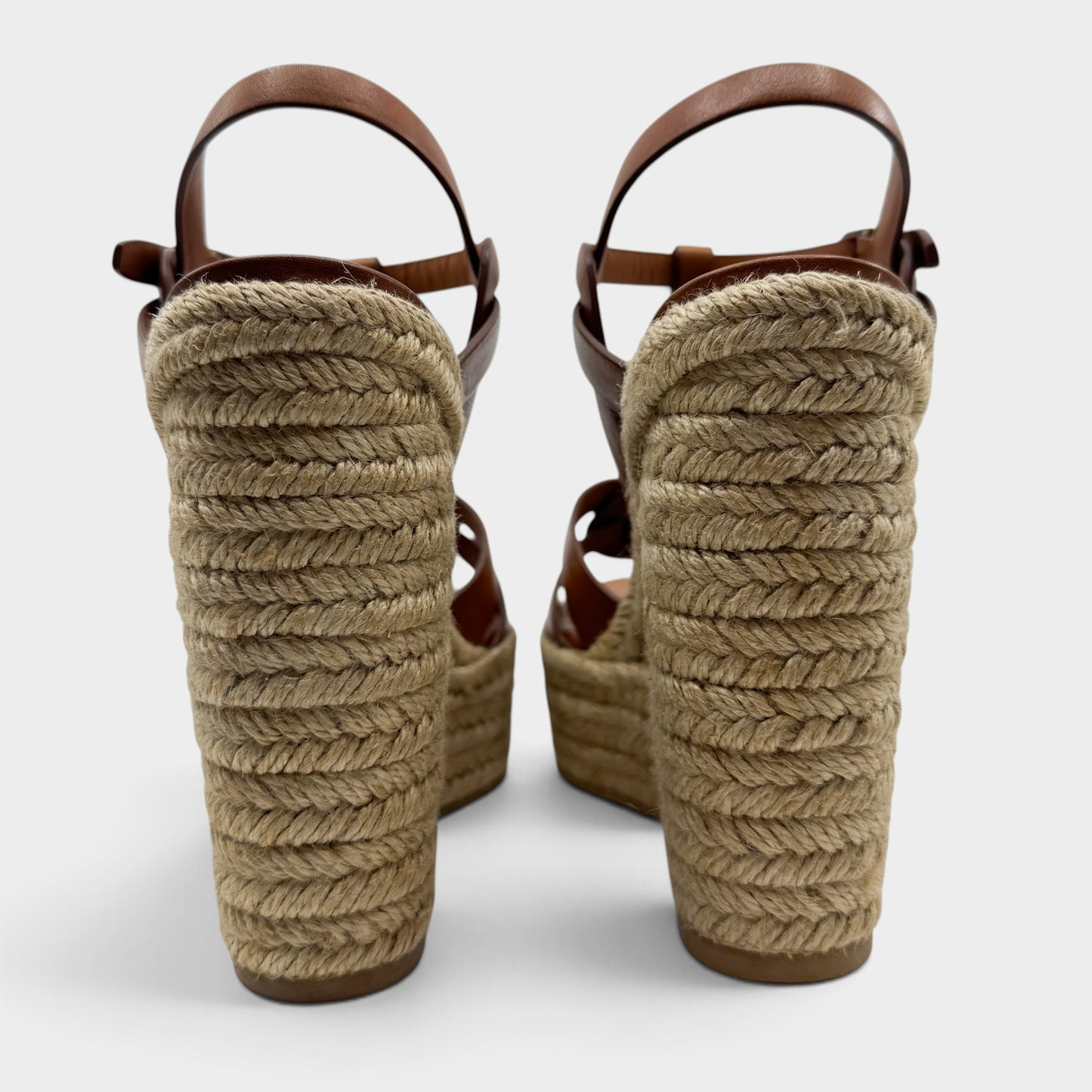 Saint Laurent Tribute Tan Brown Leather Wedge Espadrilles Sandals EU40.5 ~ AU9.5 [NEW]