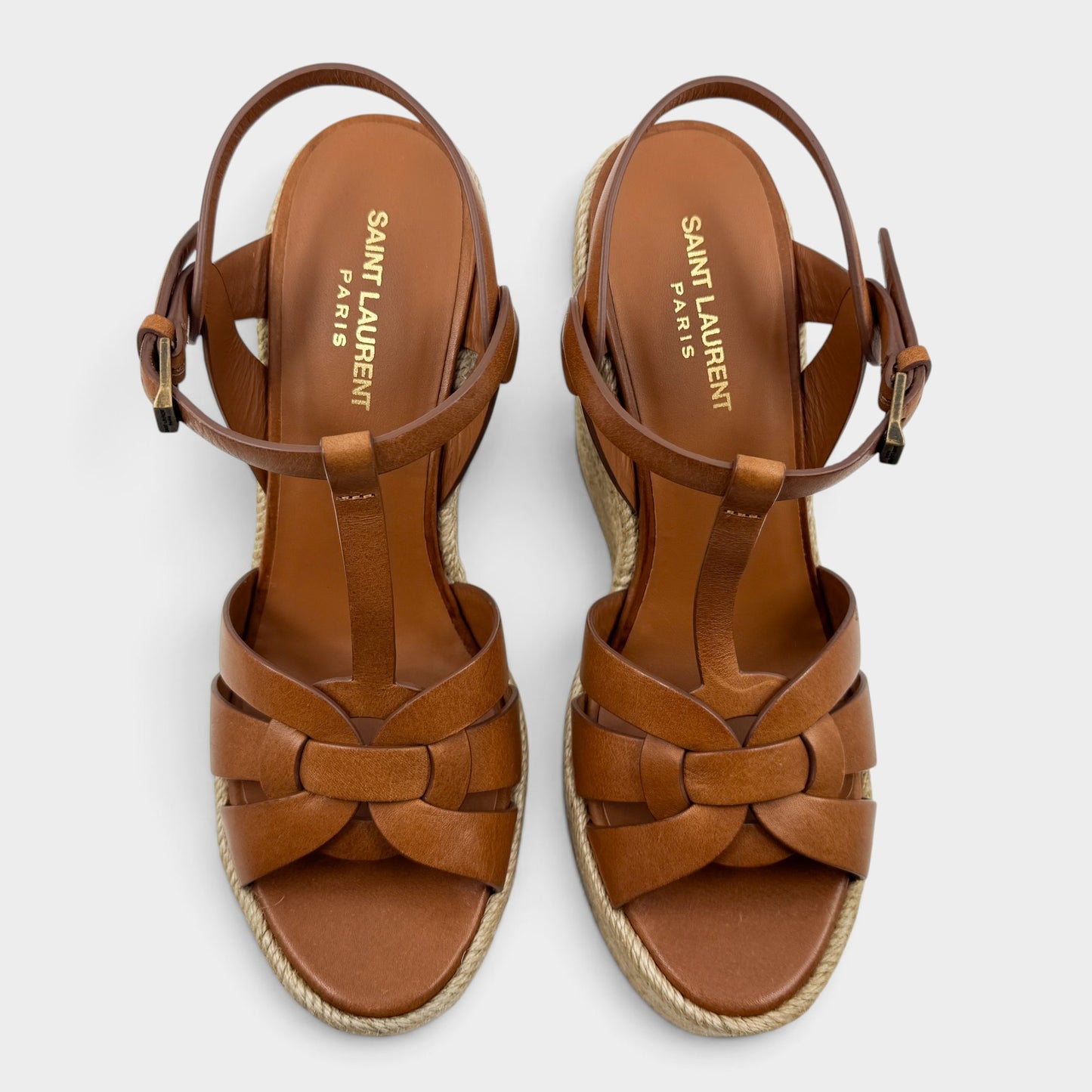 Saint Laurent Tribute Tan Brown Leather Wedge Espadrilles Sandals EU40.5 ~ AU9.5 [NEW]