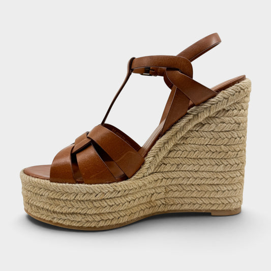 Saint Laurent Tribute Tan Brown Leather Wedge Espadrilles Sandals EU40.5 ~ AU9.5 [NEW]
