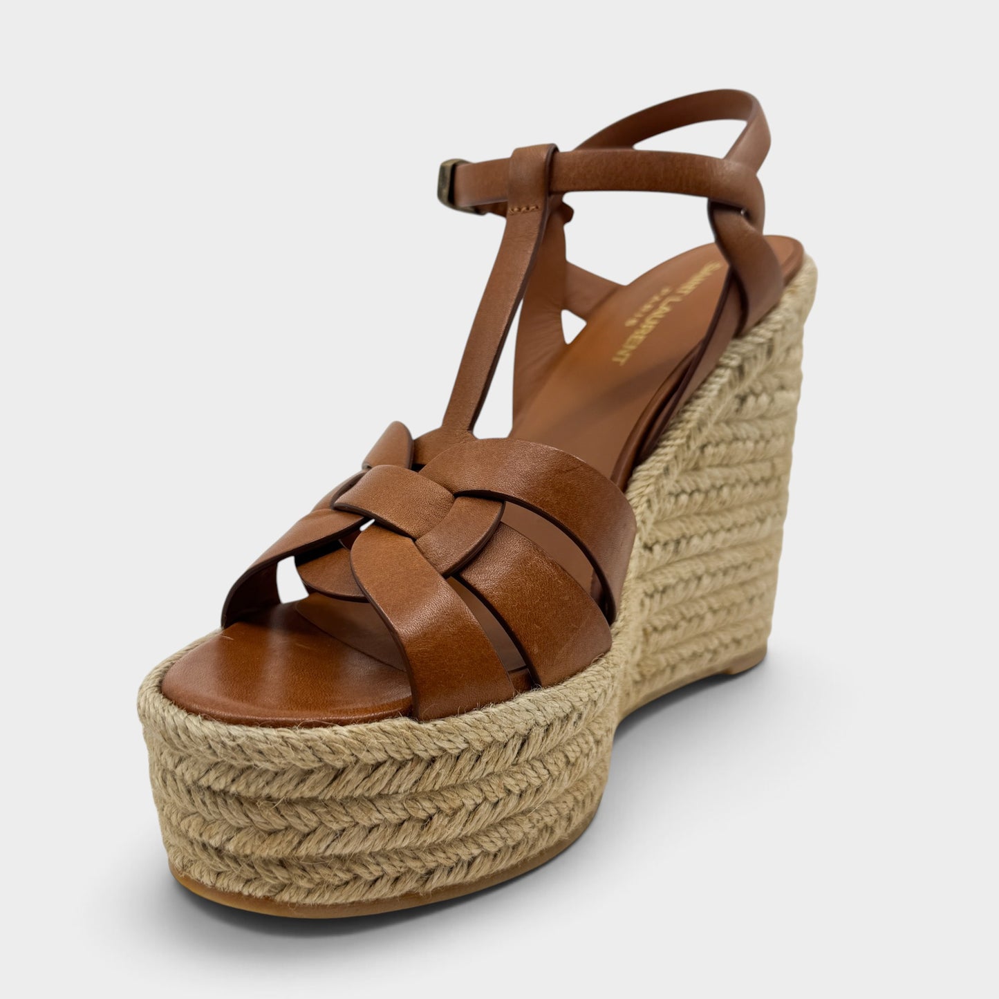 Saint Laurent Tribute Tan Brown Leather Wedge Espadrilles Sandals EU40.5 ~ AU9.5 [NEW]