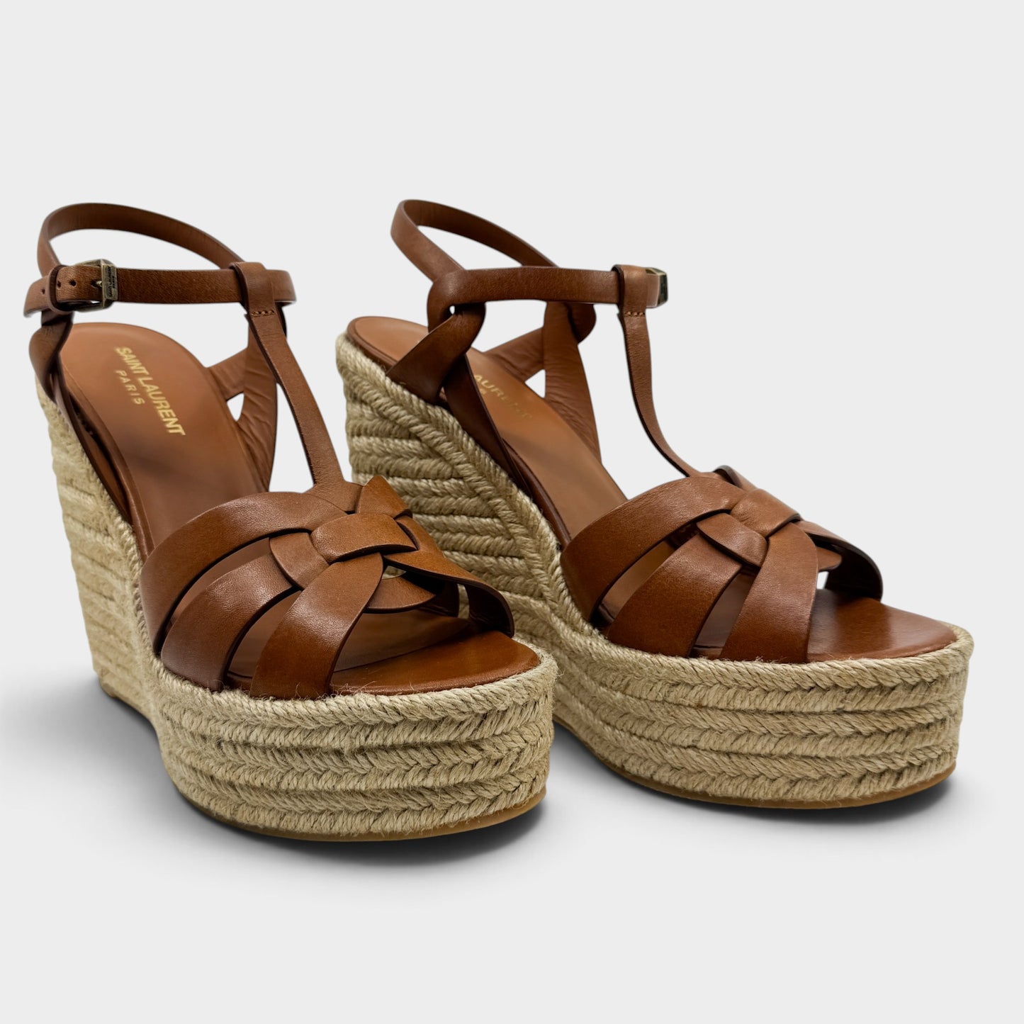 Saint Laurent Tribute Tan Brown Leather Wedge Espadrilles Sandals EU40.5 ~ AU9.5 [NEW]