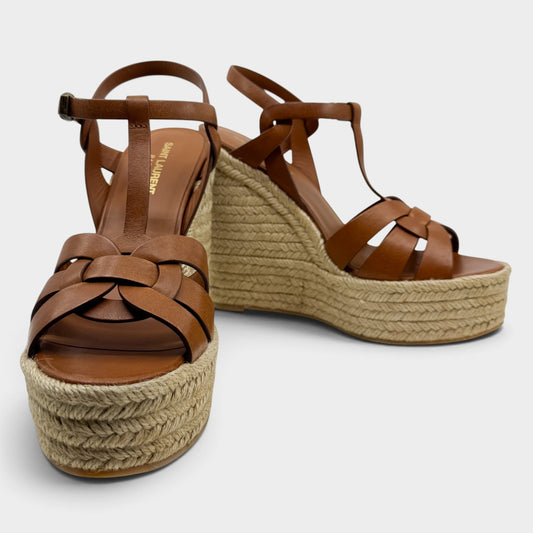 Saint Laurent Tribute Tan Brown Leather Wedge Espadrilles Sandals EU40.5 ~ AU9.5 [NEW]