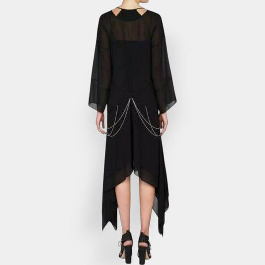 Sass & Bide Black Chiffon Chain Detail 'Tow The Line' Dress AU12 ~ Medium