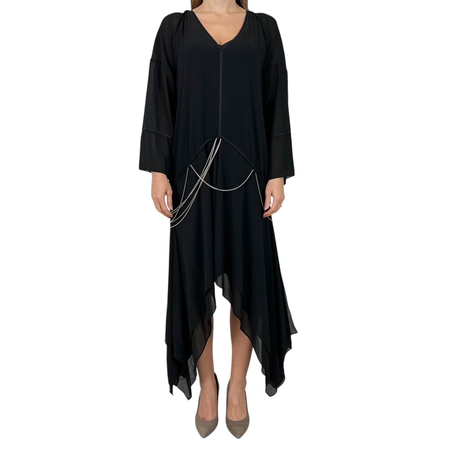 Sass & Bide Black Chiffon Chain Detail 'Tow The Line' Dress AU12 ~ Medium