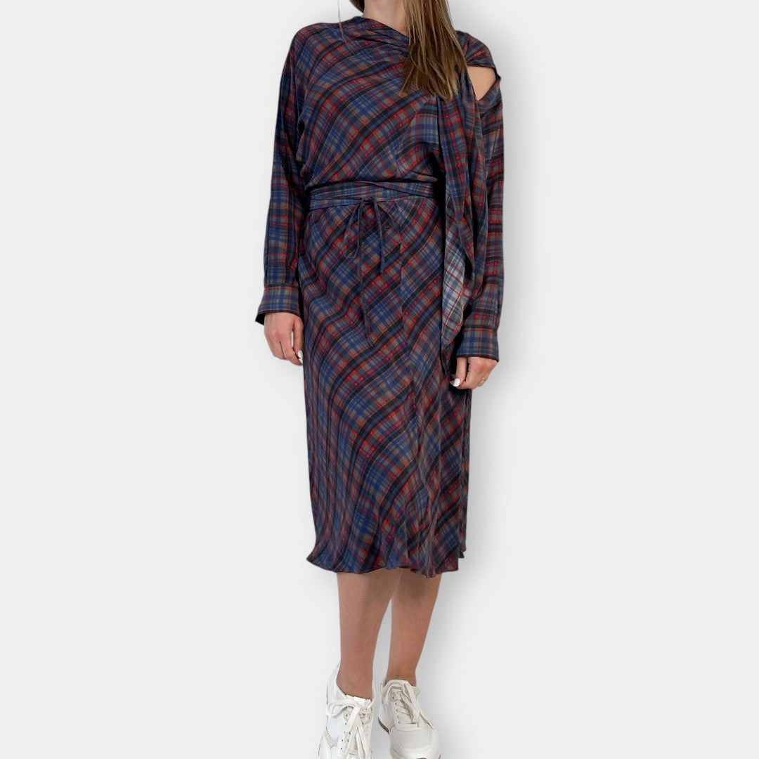 Scanlan Theodore Blue & Red Check Bias Cut Silk Dress AU10