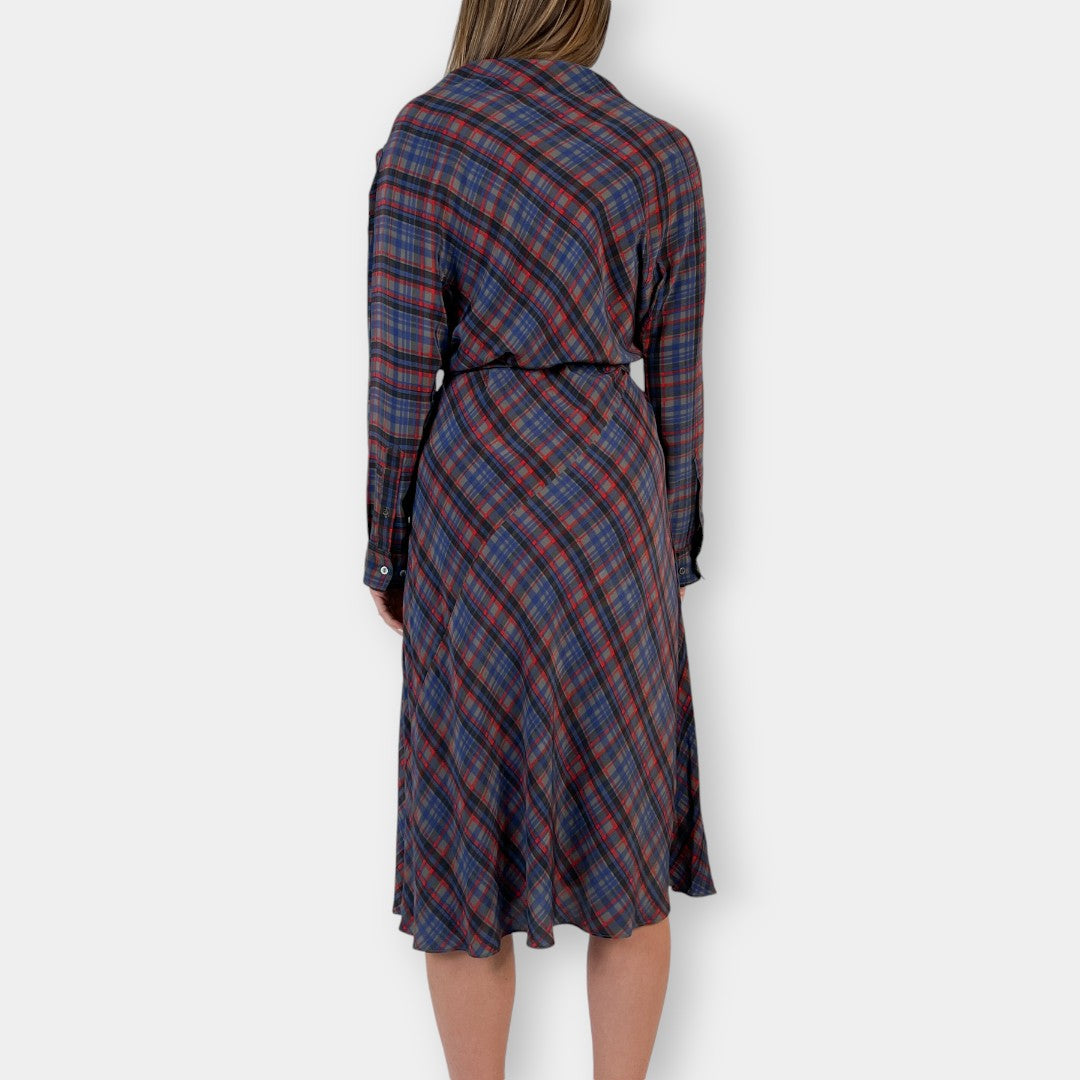 Scanlan Theodore Blue & Red Check Bias Cut Silk Dress AU10