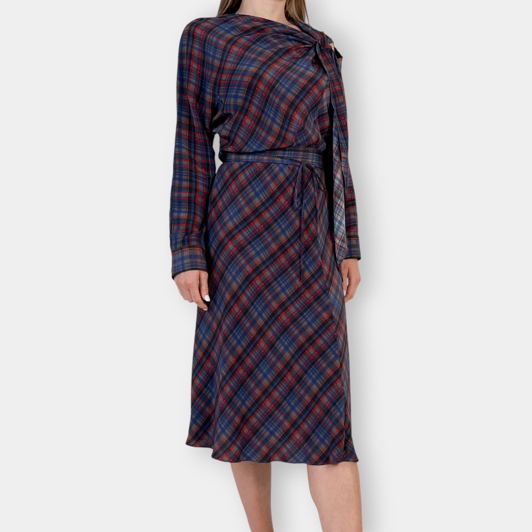 Scanlan Theodore Blue & Red Check Bias Cut Silk Dress AU10