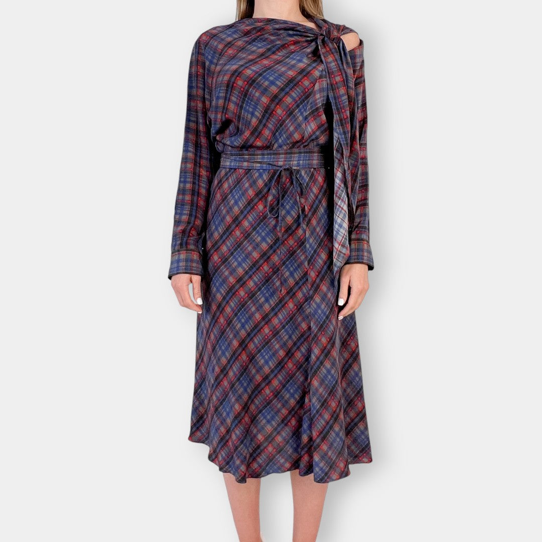 Scanlan Theodore Blue & Red Check Bias Cut Silk Dress AU10