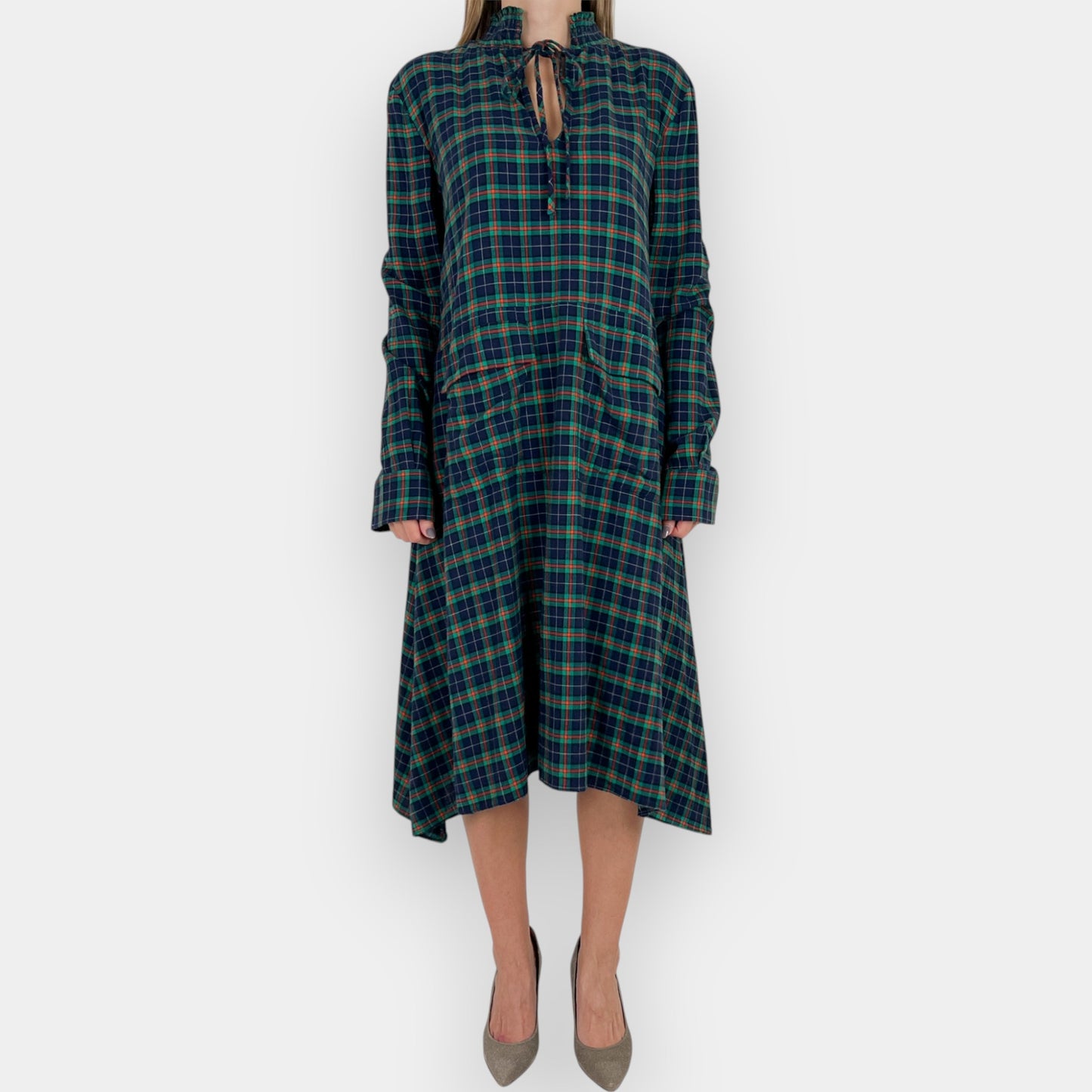 Scanlan Theodore Green, Navy & Red Check Midi Dress AU10 ~ Medium
