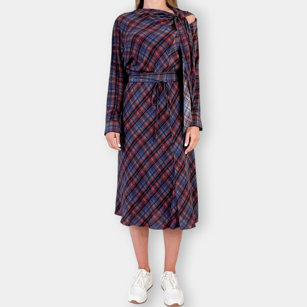 Scanlan Theodore Blue & Red Check Bias Cut Silk Dress AU10