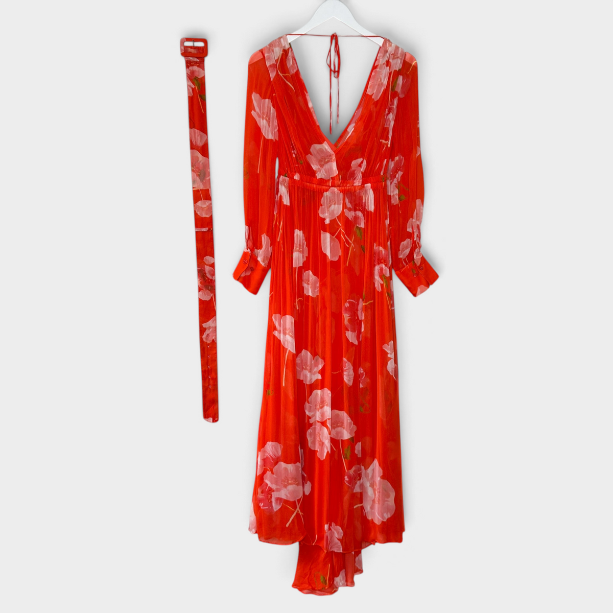 Studio61 Preloved Boutique Sydney orange chiffon floral midi dress with long sleeves, V-neck, and matching belt.