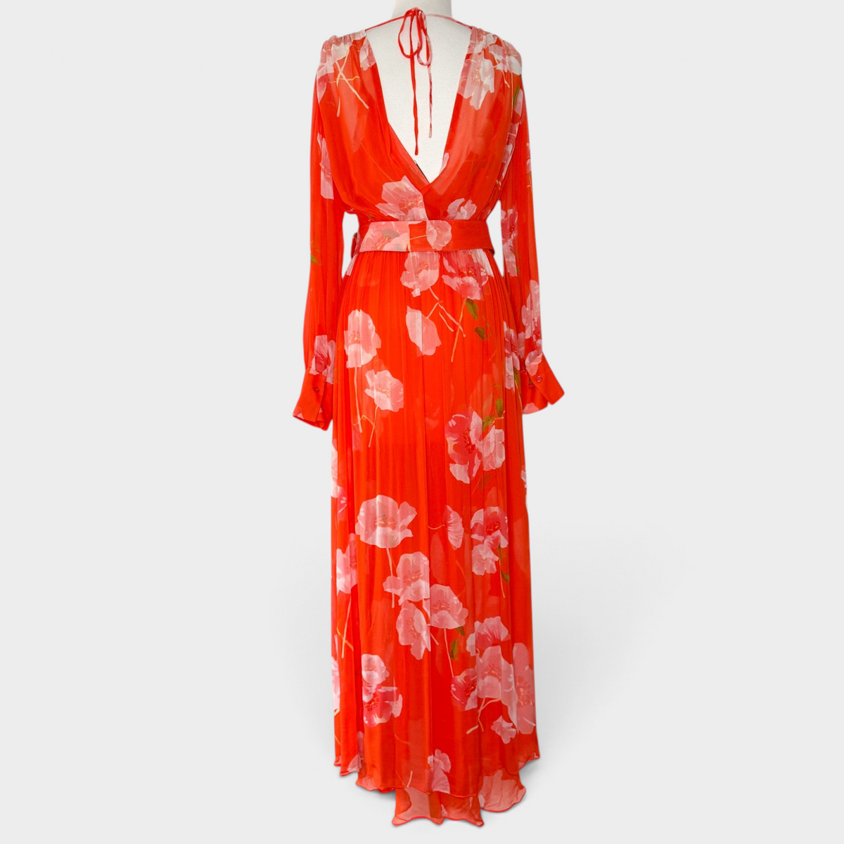 Studio61 Preloved Boutique Sydney orange floral chiffon maxi dress with long sleeves, belted waist, and open back