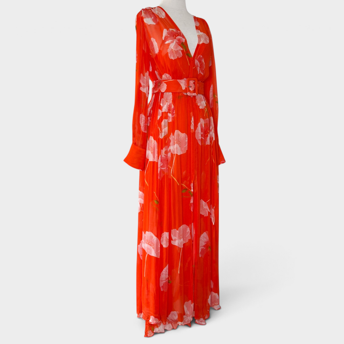 Studio61 Preloved Boutique Sydney orange chiffon floral maxi dress with long sleeves and a matching waist belt