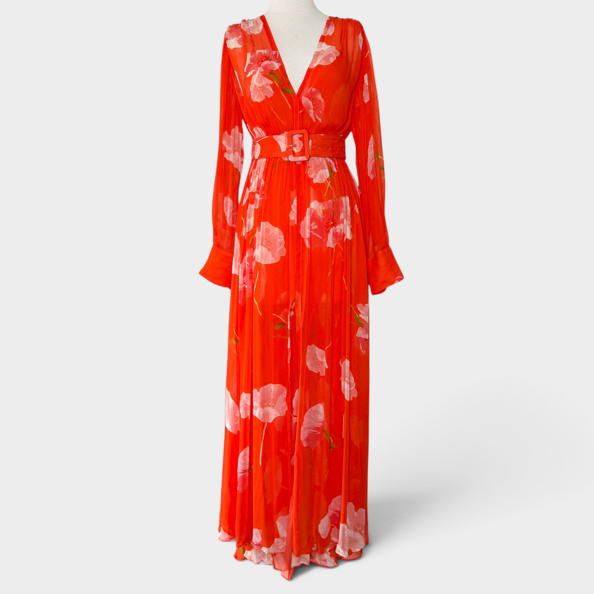 Studio61 Preloved Boutique Sydney orange chiffon floral maxi dress with long sleeves and a matching belted waist