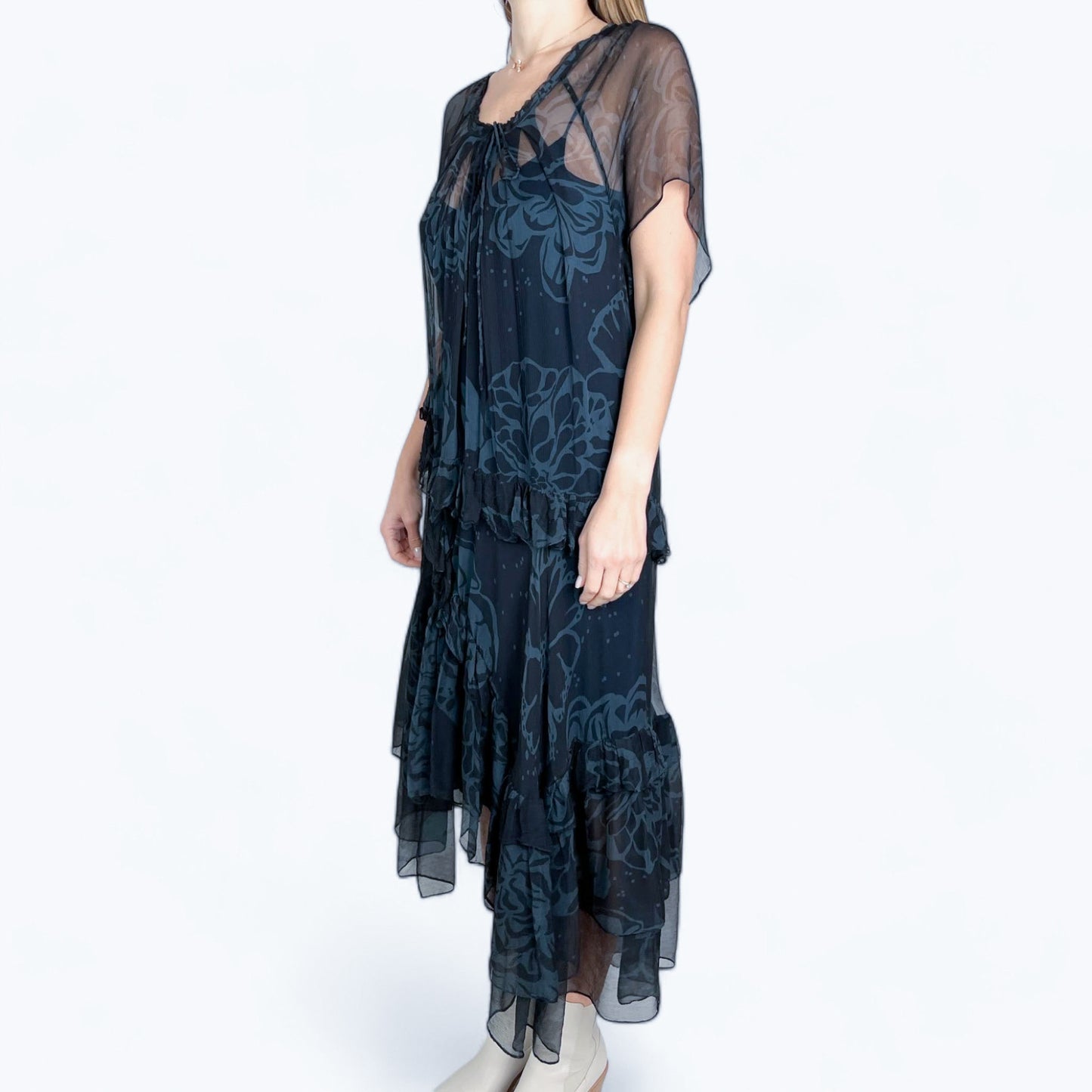 Scanlan Theodore Navy Blue Black Silk Georgette Dress Medium ~ AU10-12