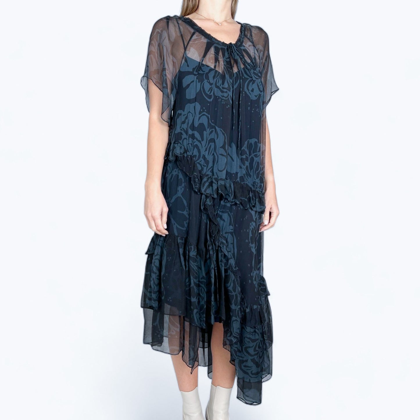 Scanlan Theodore Navy Blue Black Silk Georgette Dress Medium ~ AU10-12