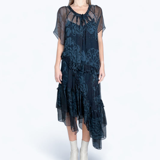 Scanlan Theodore Navy Blue Black Silk Georgette Dress Medium ~ AU10-12