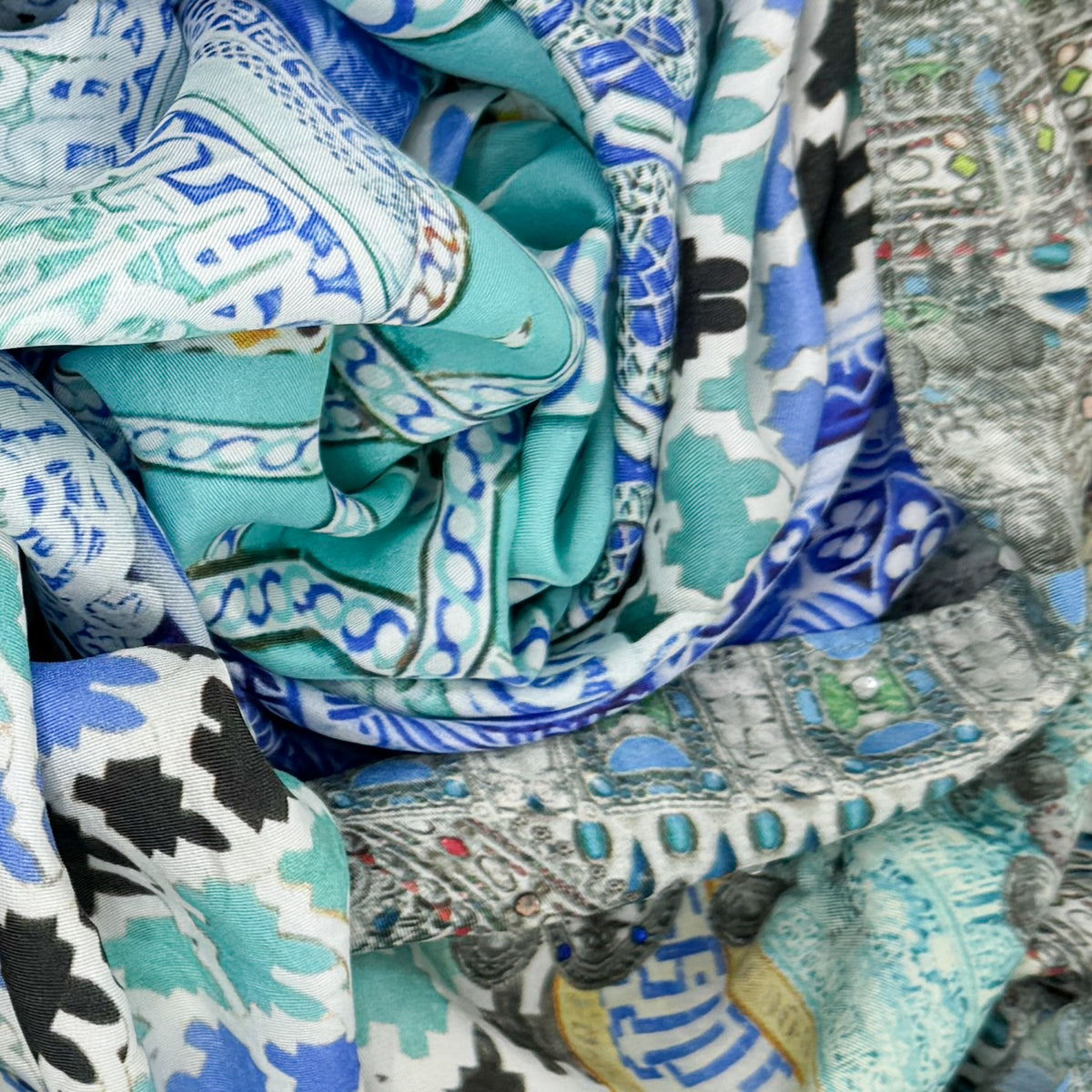 Camilla Turquoise Blue Mosaic Print Large Square Silk Scarf